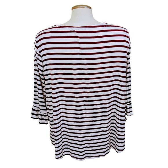 Green Envelope Top Women 2X White Burgundy Striped Knit Bell Sleeve Stretch - Picture 4 of 6
